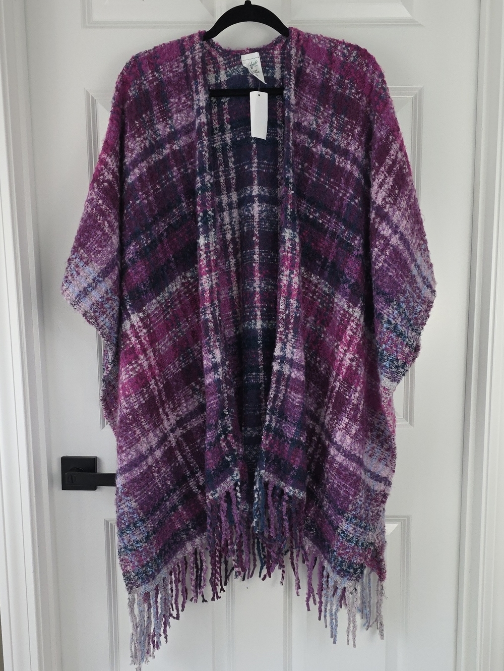 Woolrich Open Front Purple Plaid Fringe Wrap Poncho Nwt.